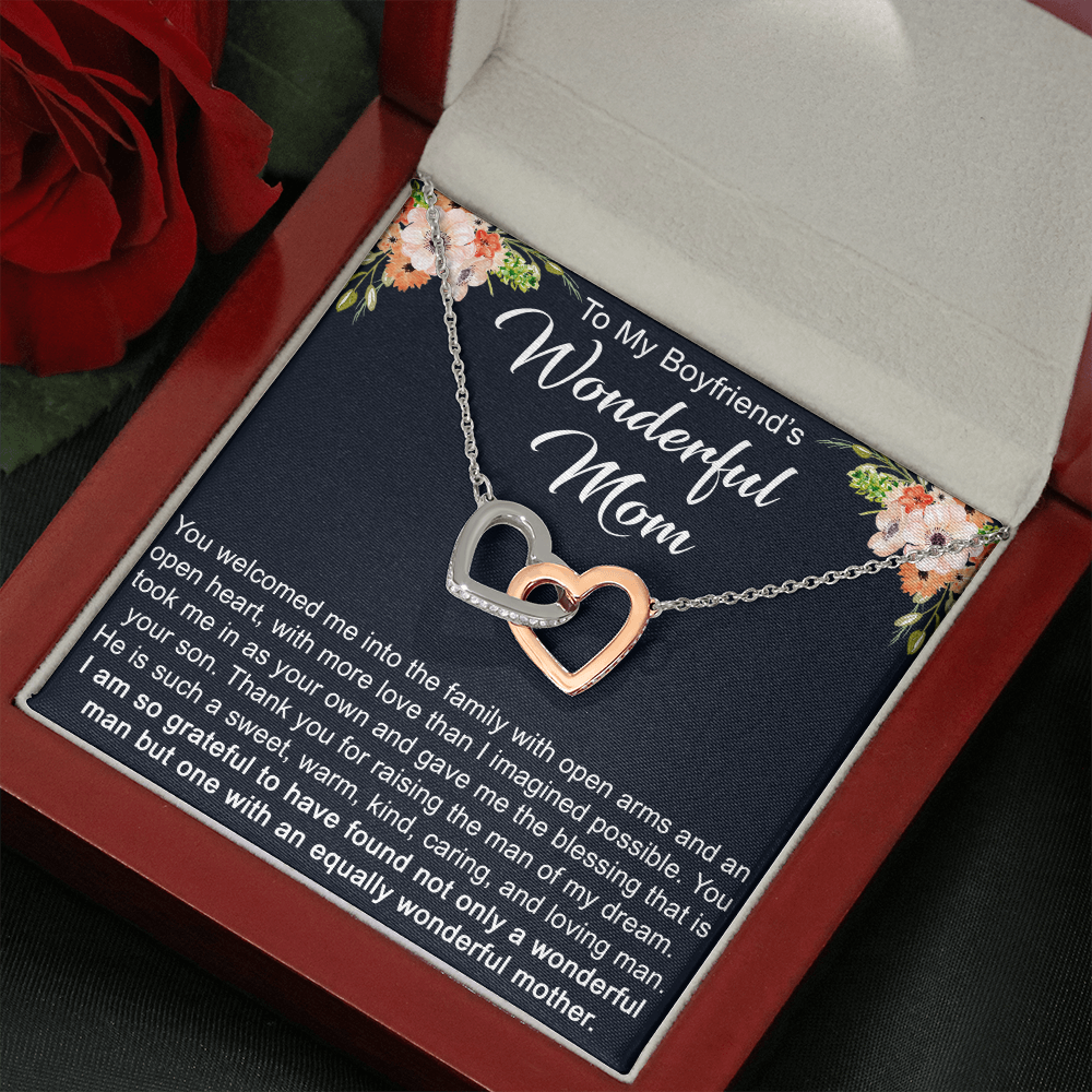 To My Boyfriend's Mom Gift - Interlock Double Heart Necklace with Inspirational Message Card to Boyfriend Mother