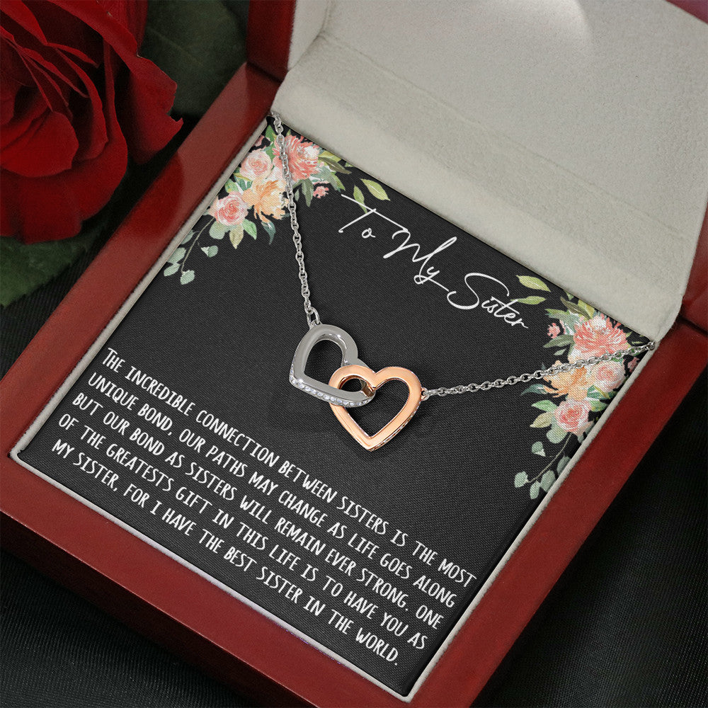 To My Sister Gift - Interlock Joined Heart Necklace Inspirational Message For Birthday or Special Occasions