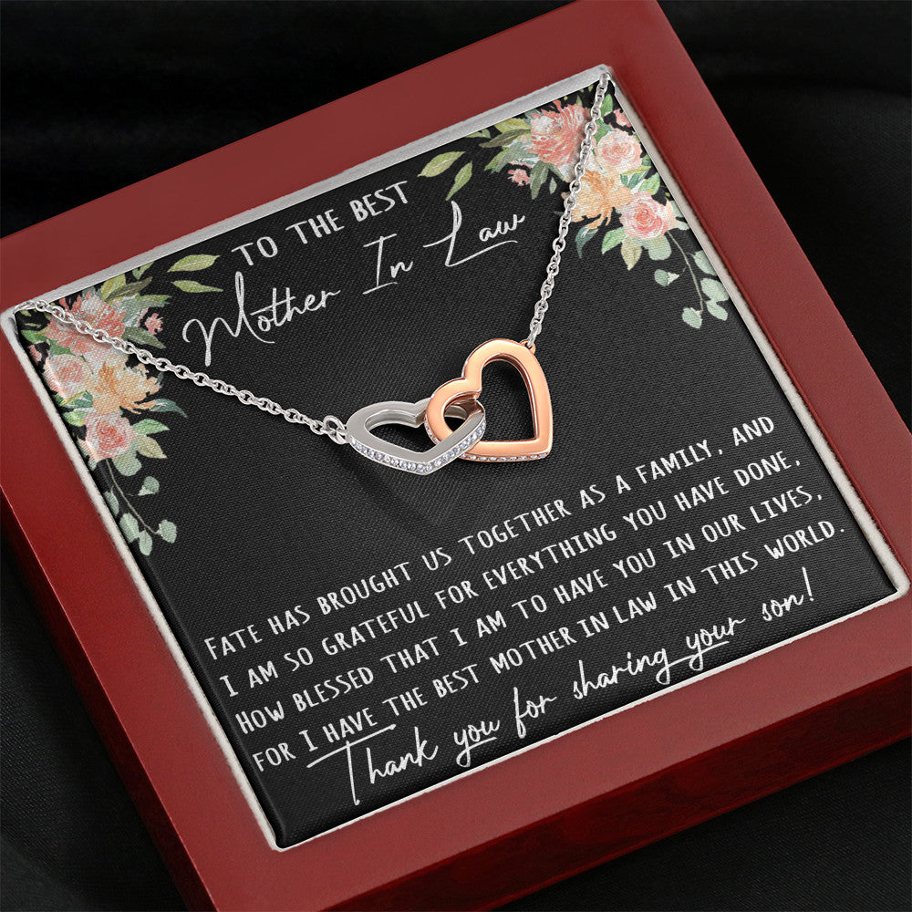 To The Best Mother-In-Law Birthday Gift - Interlock Heart Joined Luxury Necklace with Inspirational Message Card.