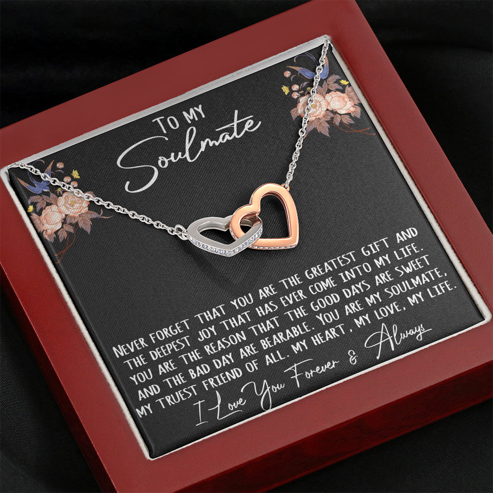 To My Soulmate Gift - Interlock Joined Heart Necklace with Inspirational Message For Birthday or Special Occasions