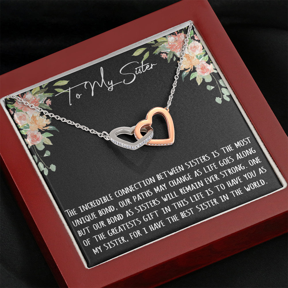 To My Sister Gift - Interlock Joined Heart Necklace Inspirational Message For Birthday or Special Occasions