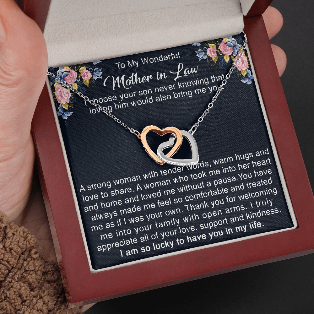 To My Mother in Law Interlock Double Heart Necklace from Daughter - Gift to Mother-in-Law for Christmas Birthday Mother's Day, Message Card to Mom-in-Law