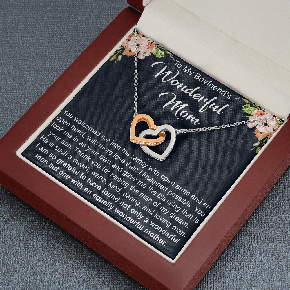 To My Boyfriend's Mom Gift - Interlock Double Heart Necklace with Inspirational Message Card to Boyfriend Mother