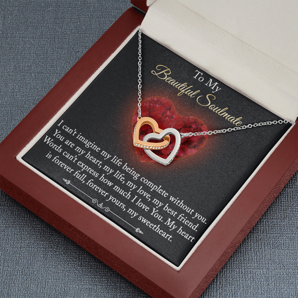 To My Beautiful Soulmate Gift - Beauty Love Heart  Interlock Necklace Bracelet with Inspirational Message Card