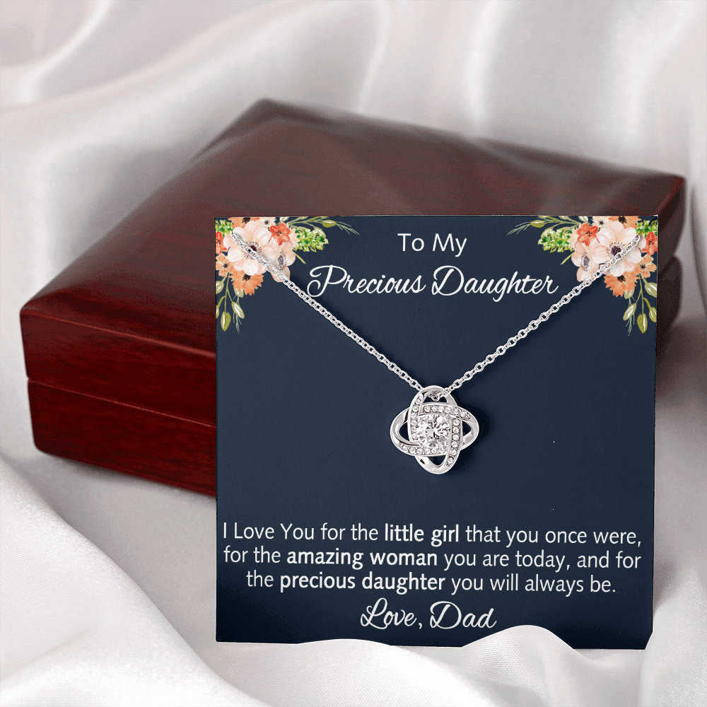 To My Precious Daugher  Gift - Love Knot Necklace with Inspirational Message Card for Upcoming Birthday, Back to School or any Special Occasion.
