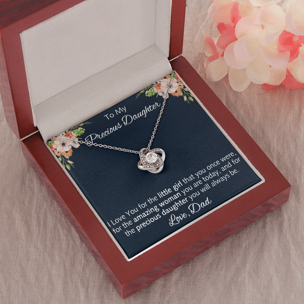 To My Precious Daugher  Gift - Love Knot Necklace with Inspirational Message Card for Upcoming Birthday, Back to School or any Special Occasion.