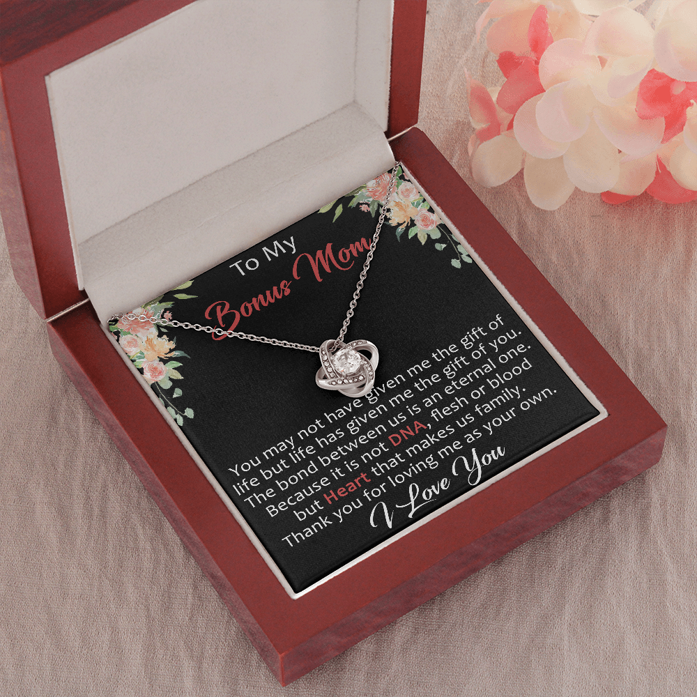 To My Bonus Mom Gift - Love Knot Beauty Necklace with Inspirational Message Card for Upcoming Birthday, Mother's Day or Special Occasion.