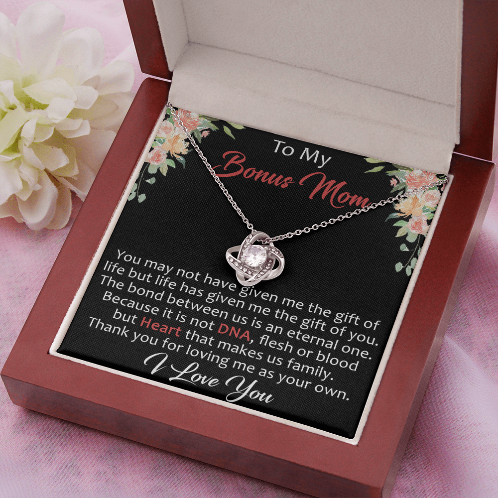 To My Bonus Mom Gift - Love Knot Beauty Necklace with Inspirational Message Card for Upcoming Birthday, Mother's Day or Special Occasion.