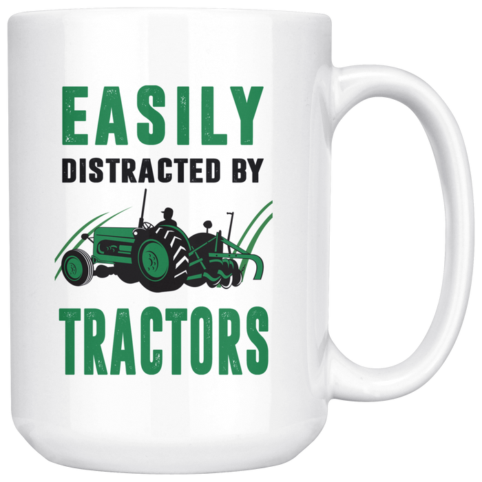 Farmer Gifts Idea - Easily Distracted By Tractors Funny Coffee Mug Print - 15 oz Large Novelty C-Shape Handle Tea Cup - Great Present For Dad Grandpa Men Father's Day Christmas Thanksgiving