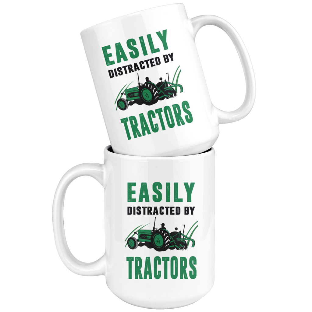 Farmer Gifts Idea - Easily Distracted By Tractors Funny Coffee Mug Print - 15 oz Large Novelty C-Shape Handle Tea Cup - Great Present For Dad Grandpa Men Father's Day Christmas Thanksgiving